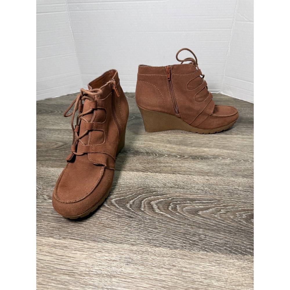 Nine West Womens Brown Suede‎ Wedge Ankle Boots Lace Up Side Zip Lug Sole 9M